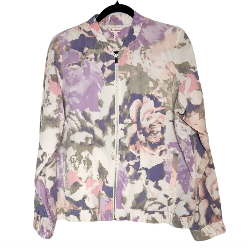 Juicy Couture Purple Green Floral Abstract Zip Jacket Drapey Lyocell Size Large